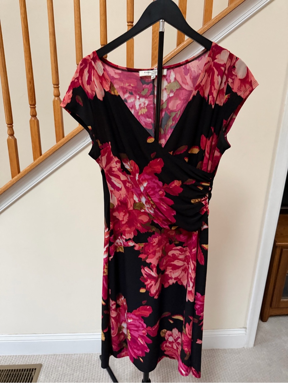 Evan Picone Black Midi Dress with Pink Floral Pattern